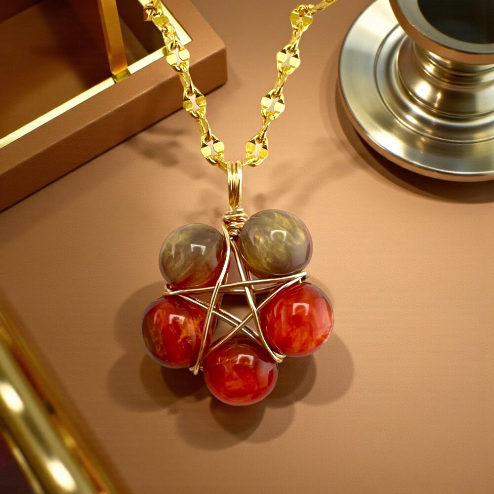 Wire Wrapped Star Necklace | Harvest Resin Beads | Gold Plated Chain